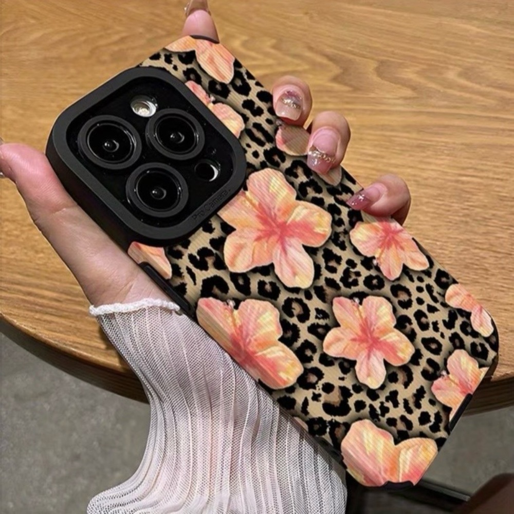 iPhone Phone Case Vertical Grain Leopard Floral Pattern PU Leather Texture